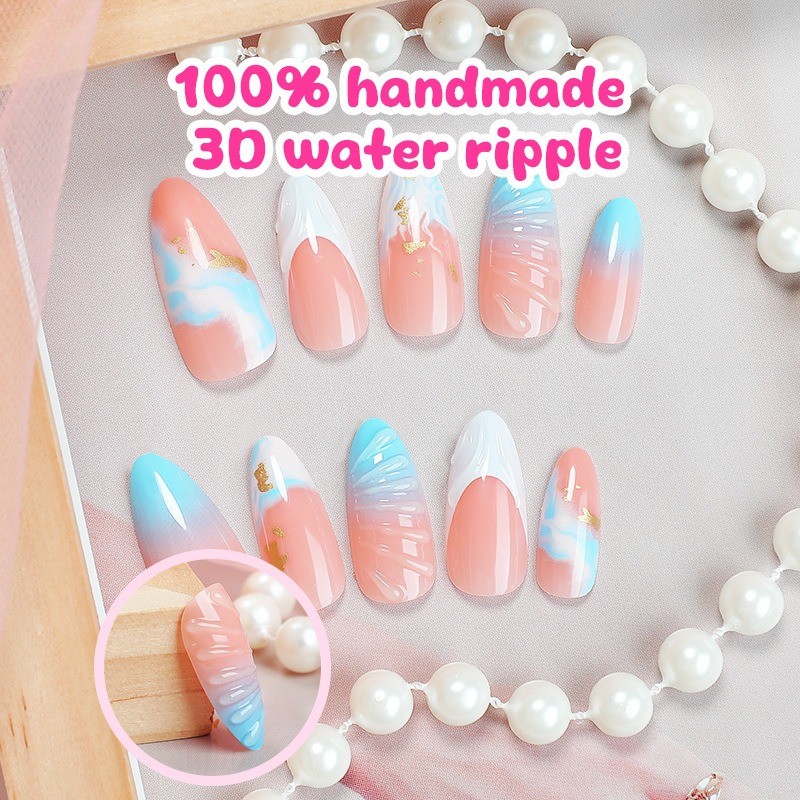 48Pcs-3D Blue Shell Marble Gold Foil Stiletto Press on Nails Mermaid Fake Nails gallery