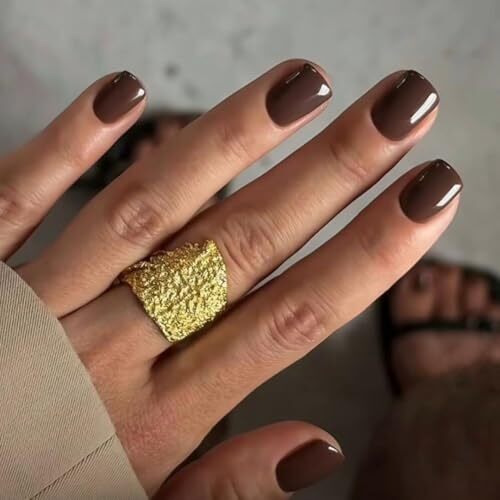 48 Pcs Fall Press on Nails Short Length, Press on Dark Brown square brown
