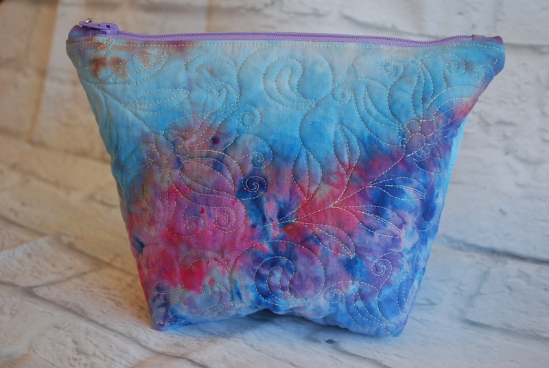 Hand Dyed Quilted Cosmetic Bag, Blue, Pink, Purple, Flowers