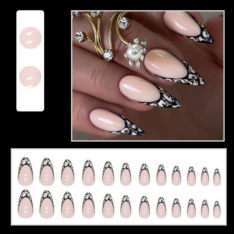 48Pcs-Nude Black Marble French Stiletto Press on Nails Gold Flake Elegant Nails gallery