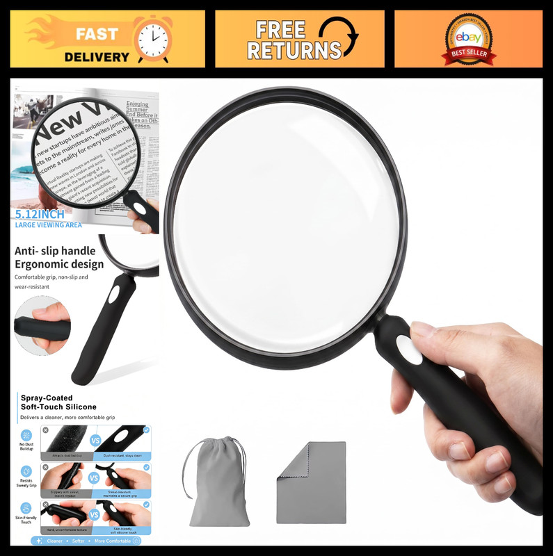 10X Large Magnifying Glass – 5.12″ Anti-Glare Lens, Non-Slip Handle for Reading