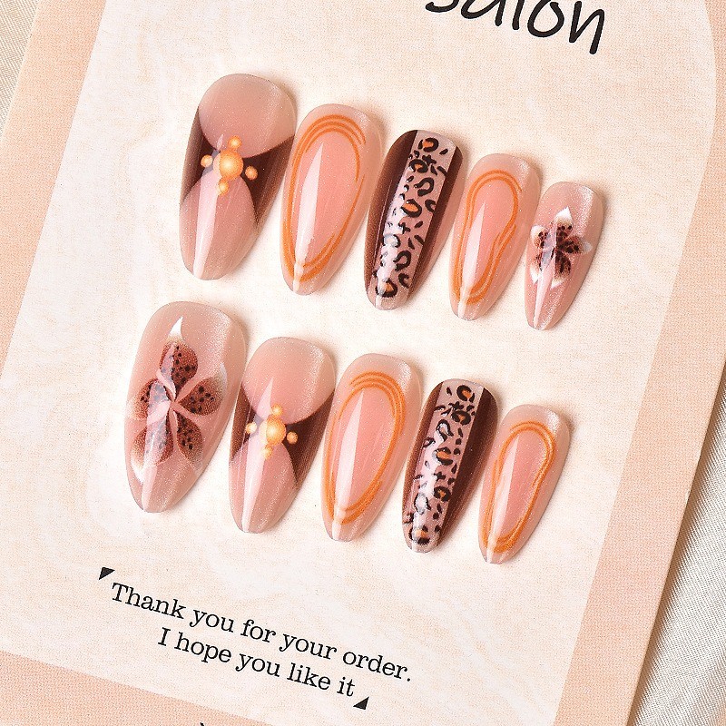 48Pcs-Leopard Print Brown Flower Almond Press on Nails Pearl Retro Autumn Nails gallery