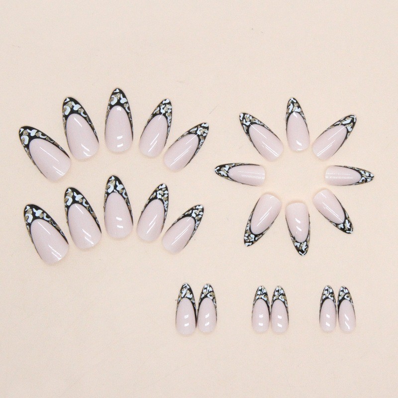 48Pcs-Nude Black Marble French Stiletto Press on Nails Gold Flake Elegant Nails gallery
