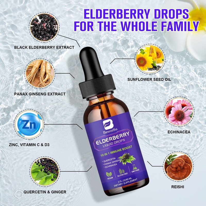 Black Elderberry Quercetin Ginger with Vitamins C & D and Zinc Vegan Drop gallery