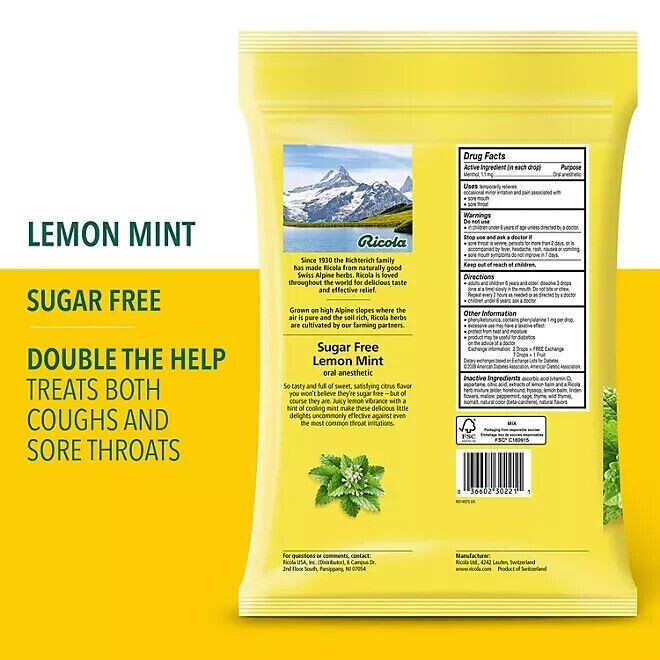 2 PK RICOLA Herb Throat Drops Lemon Mint Sugar Free 105 Drops/PK total 210 Drops gallery