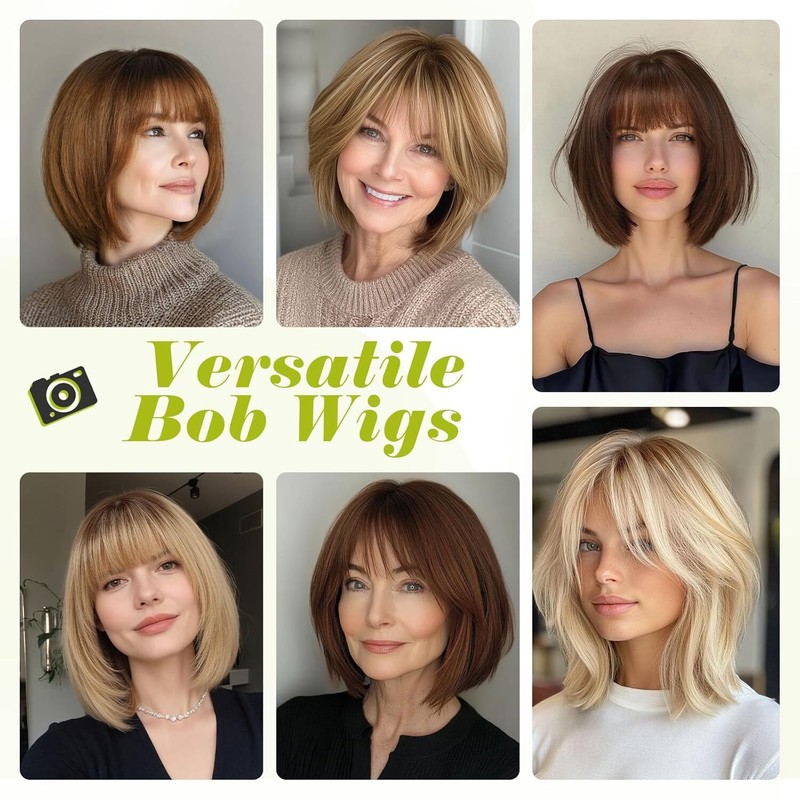 Dark Brown 100% Human Hair Wigs with Bangs Bob Brown Human Hair Wig None Lace gallery