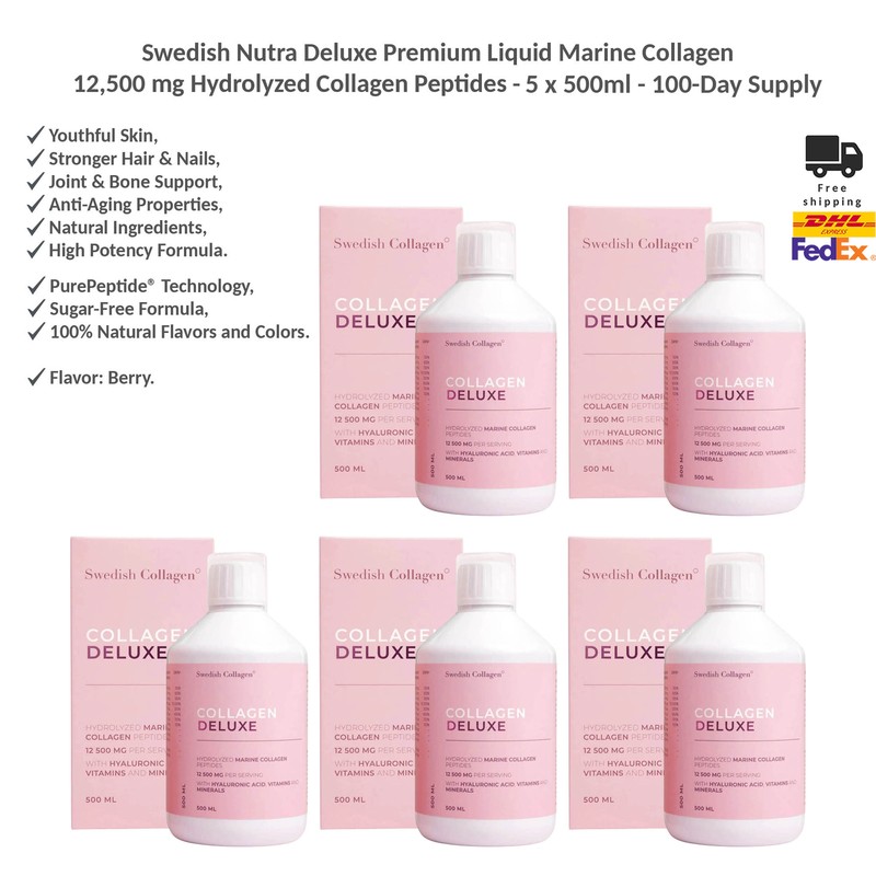 Swedish Nutra Deluxe Premium Liquid Marine Collagen 12,500 mg – 500ml x 5