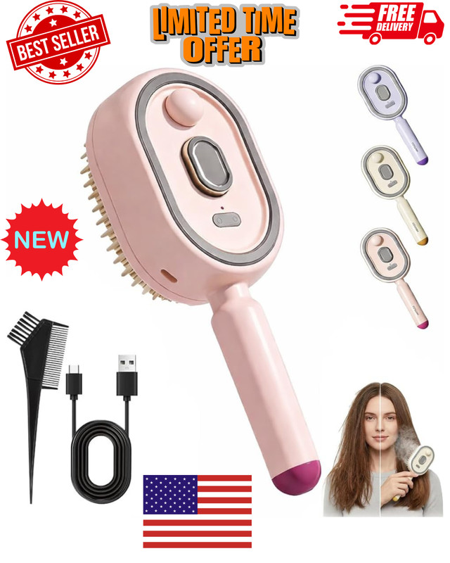 Electric Steam Hair Straightener Brush Rechargeable Anti Frizz Detangling Pink