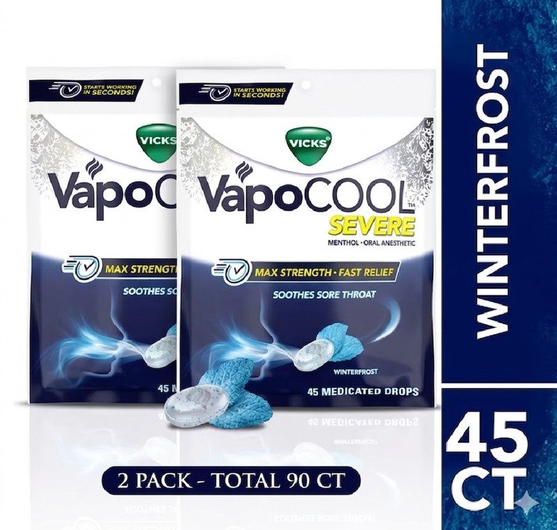 2 pack-NEW Vicks VapoCool Severe Sore Throat Drops, Max Menthol Winterfrost 45ct