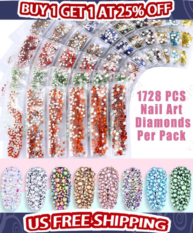 1728 Pcs Nail Art Rhinestone Glitter Gems 3D Tips DIY Decoration Fashion