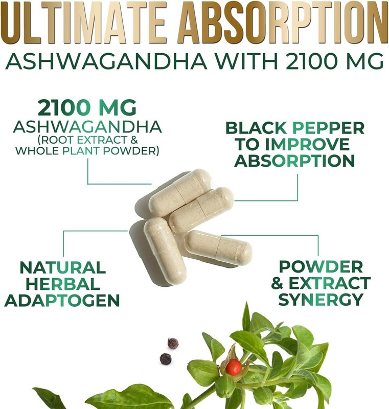 Organic Ashwagandha Capsules 2100mg Supplement w/ Black Pepper Root Powder gallery