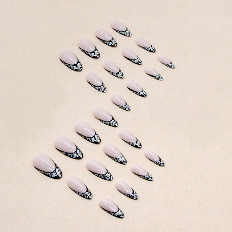 48Pcs-Nude Black Marble French Stiletto Press on Nails Gold Flake Elegant Nails gallery