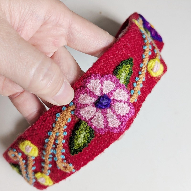 Vintage Embroidered Wool Barrette: 1970s Boho Floral Hair band