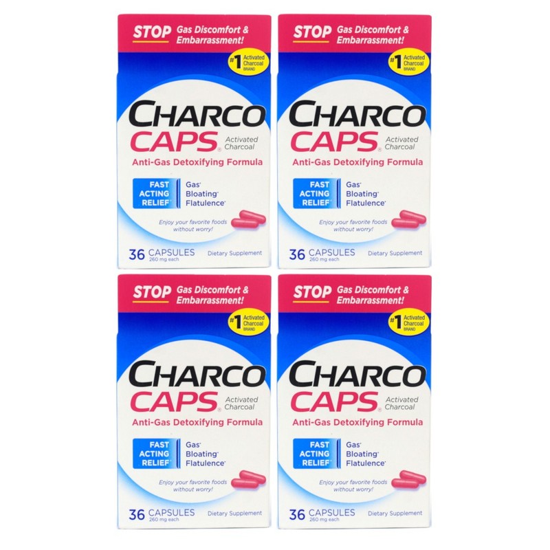 4 Pack Charco Caps Anti Gas Detoxifying Formula 36 Capsules Each