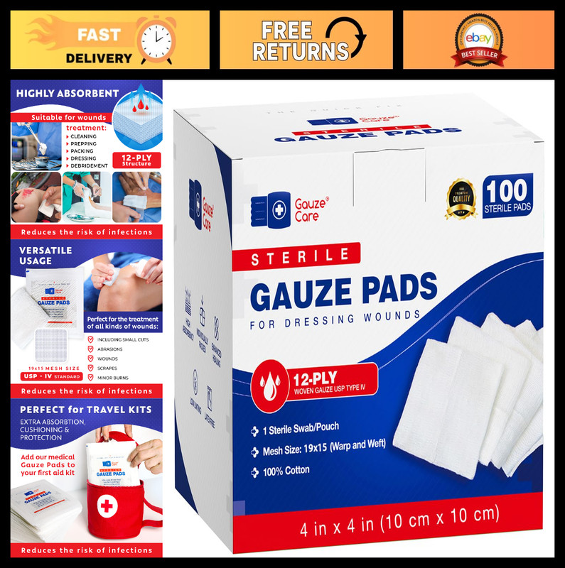 100pc 4×4 Sterile Gauze Pads – 12ply Woven Sponges for Wounds – Breathable First