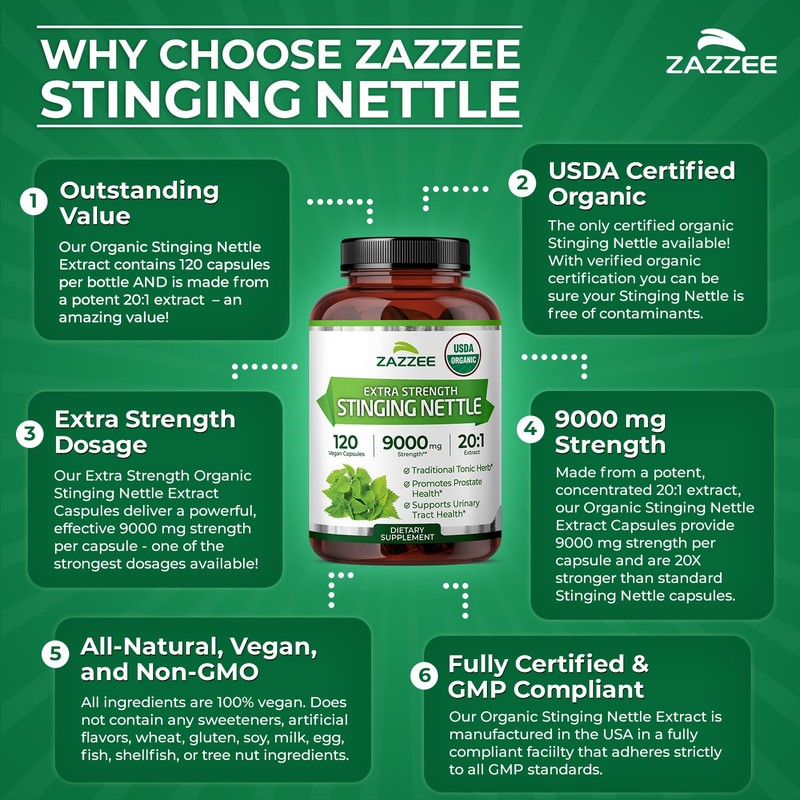 USDA Organic Stinging Nettle 20:1 Extract, 9000 mg Strength, 120 Vegan Capsules gallery