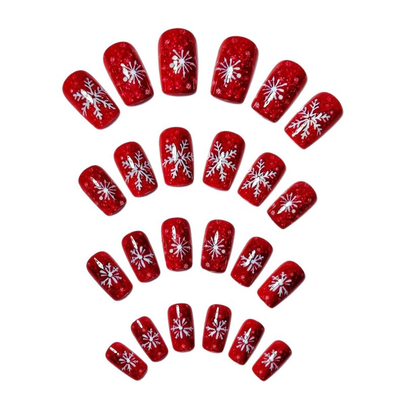 48PCS Red Glitter White Snowflake Press-On Nails Christmas Festive Fake Nails gallery