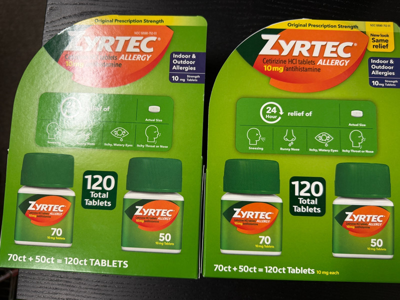 2 Packs Zyrtec 24 Hour Allergy Relief 10mg Tablets 120 Total Cap Exp 2028