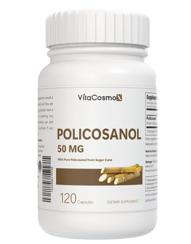 VitaCosmoX Policosanol 50mg, 120 Capsules – Gluten Free and Vegetarian Friendly