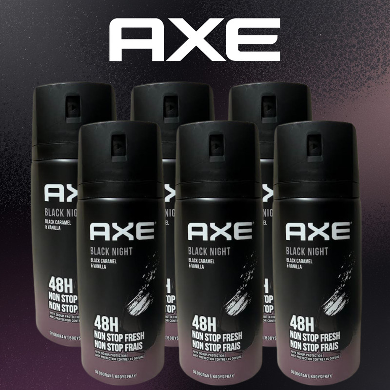 Axe Black Night Deodorant Body Spray 6 Pack 150ml Black Caramel & Vanilla Scent