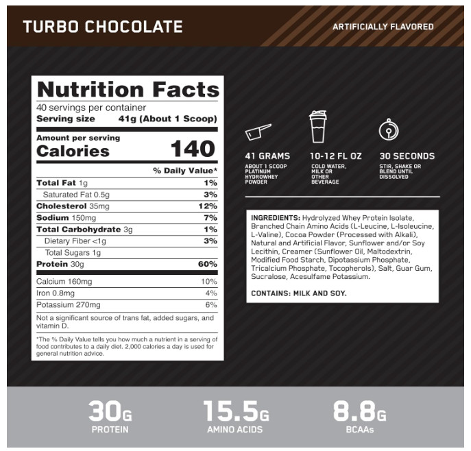 Optimum Nutrition Platinum Hydrowhey Turbo Chocolate 40Sv 3.6LB gallery