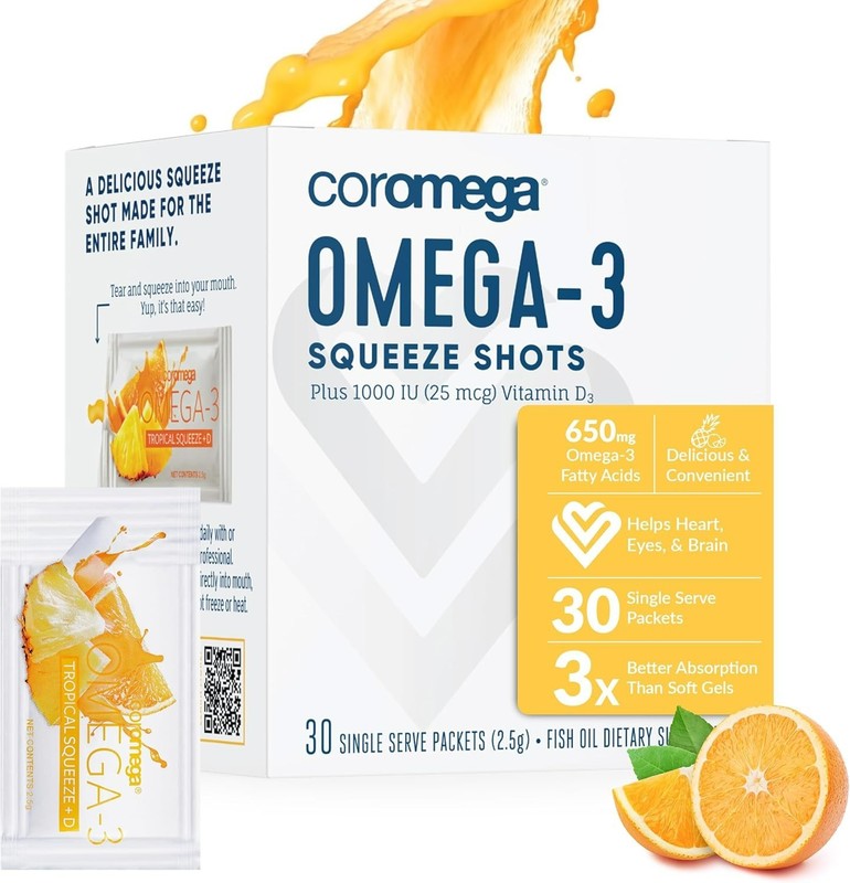 Coromega Omega 3 + D3, 650 mg de Omega-3, Sabor Naranja, 30 Sobres