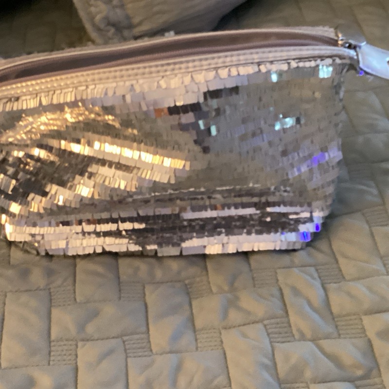 Silver Sequin Makeup Bag Pouch with Zipper Closure, Sequin Material