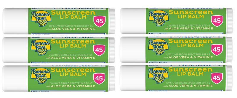 6 Tubes Banana Boat Aloe Vera With Vitamin E Sunscreen Lip Balm Spf 45 .15Oz Ea