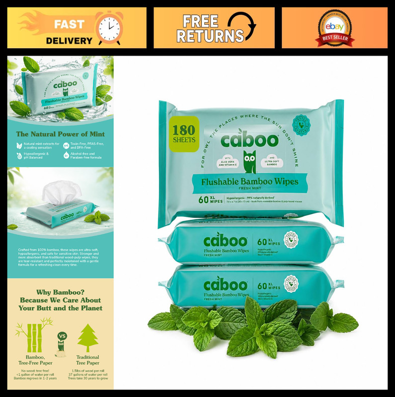 Flushable Biodegradable Wipes for Adults, Septic Safe, Chemical Free, Bamboo, Pa