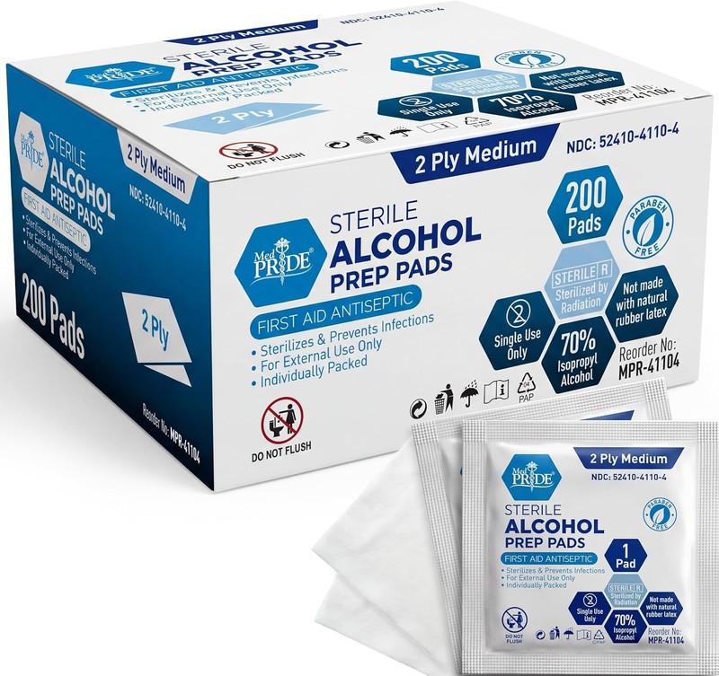 Med Pride Sterile Alcohol Prep Pads 200 Count 70% Isopropyl Antiseptic Wipes