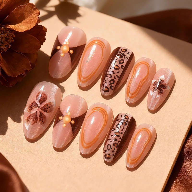48Pcs-Leopard Print Brown Flower Almond Press on Nails Pearl Retro Autumn Nails gallery