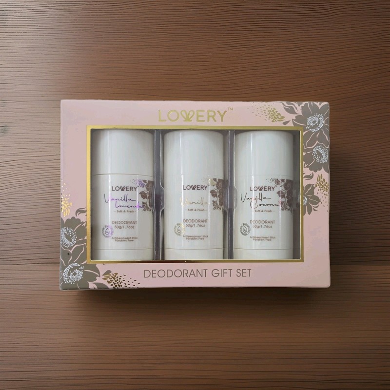 Lovery Vanilla Deodorant Stick Gift Set, Aluminum-Free Vegan 3 x 50g – Exp 10/28