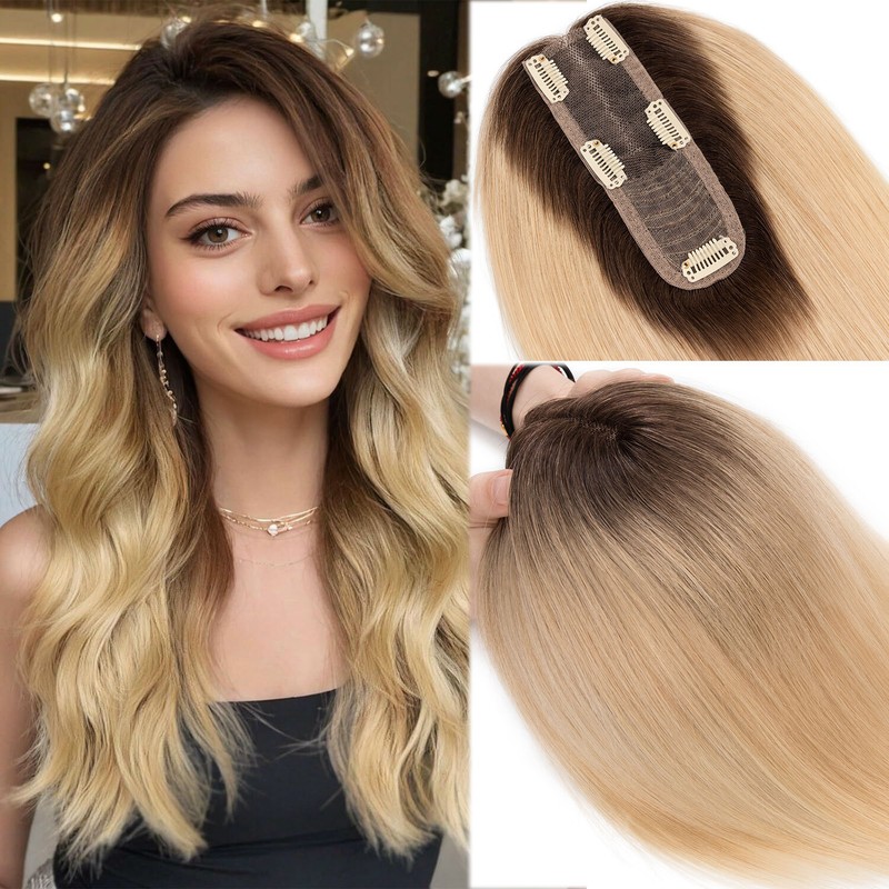 Free Part Top Lace Base Clip in REAL Human Hair Topper Toupee Women Hairpiece US gallery
