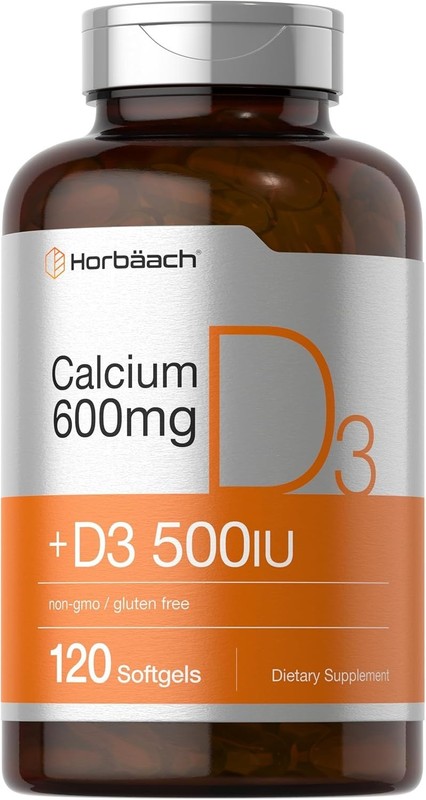 Horbäach Calcium Supplement with Vitamin D3 600 mg 120 Softgels Non-GMO & Gluten