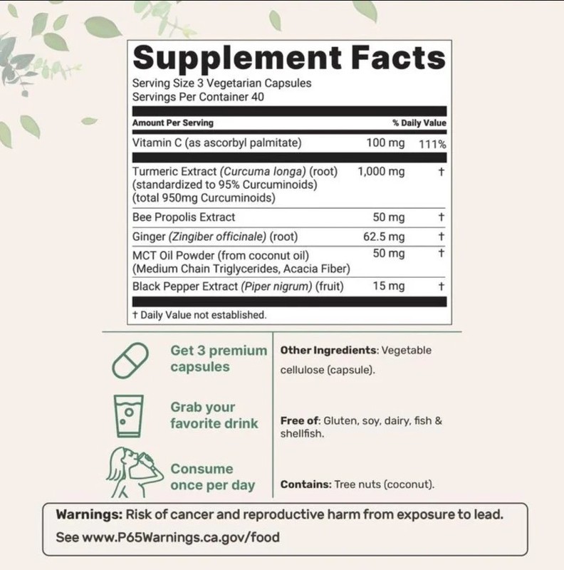 Turmeric Curcumin Supplement 1000mg 95% Curcuminoids Black Pepper/MCT/Bee Prop gallery