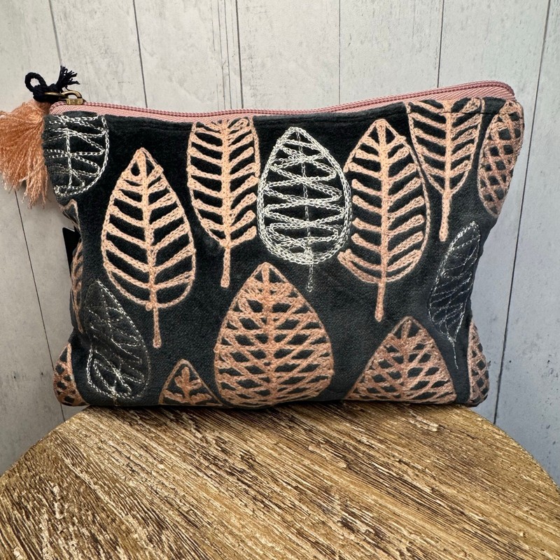 Pink Gray Velvet Pouch Leaves Large Makeup Bag 8 x 6 inches NEW FAST SHIP gallery