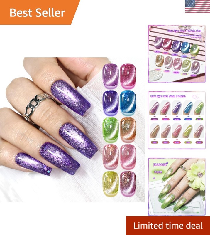 Cat Eye Gel Nail Polish Set 10 Colors Glitter Pink Purple Blue Green with Base C