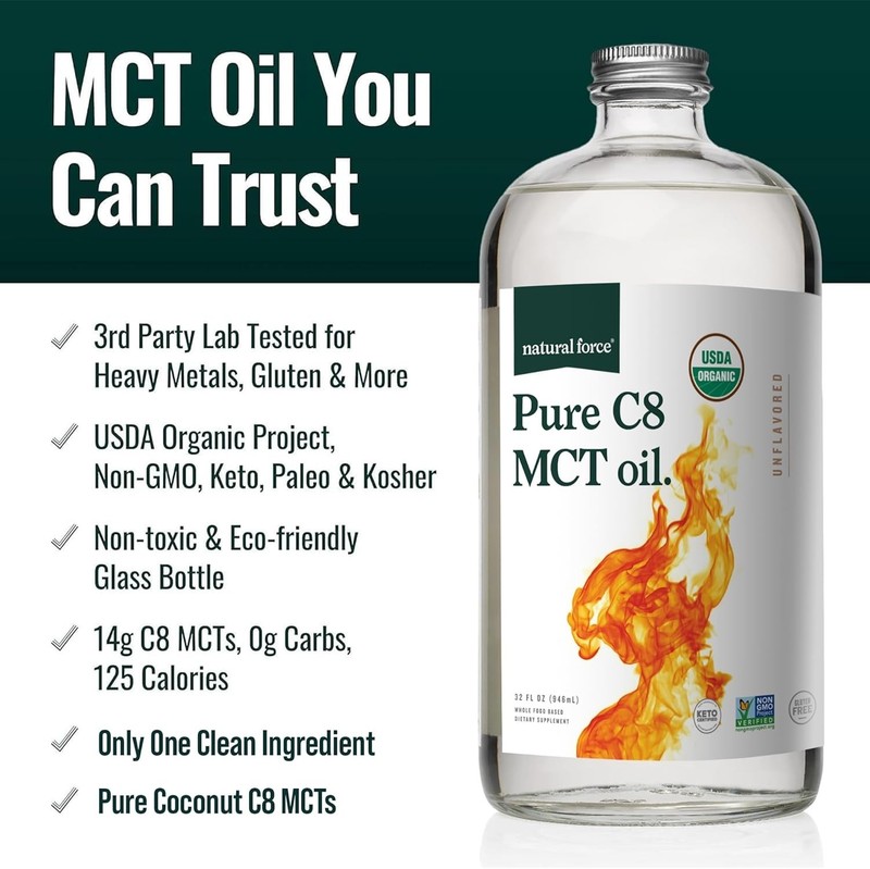 Natural Force Organic Pure C8 MCT Oil – Liquid MCT Oil in Glass Bottle, 16 Ounce gallery