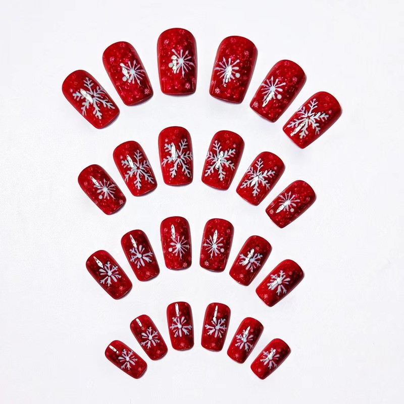 48PCS Red Glitter White Snowflake Press-On Nails Christmas Festive Fake Nails gallery