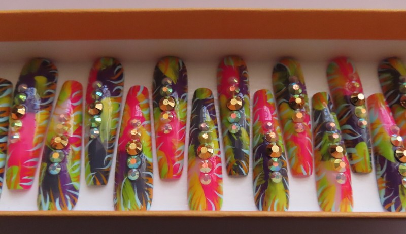 XL Pink Purple Blue Orange Yellow Rhinestone Abstract Coffin Press On Nails (20) gallery