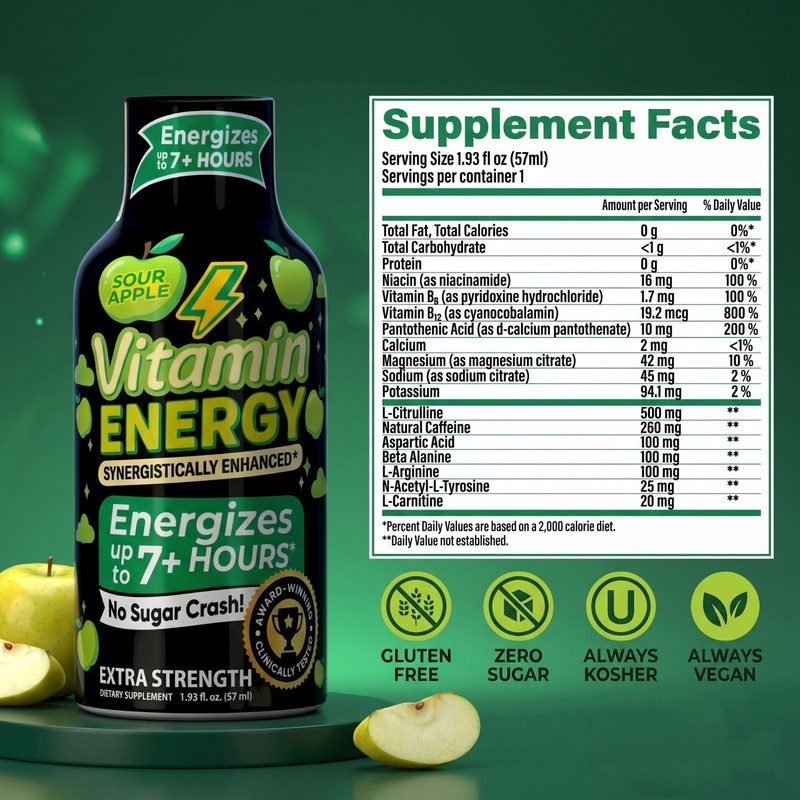 (12 Pack) Vitamin Energy® Workout+ Sour Apple Energy Shots, Clinically Proven gallery
