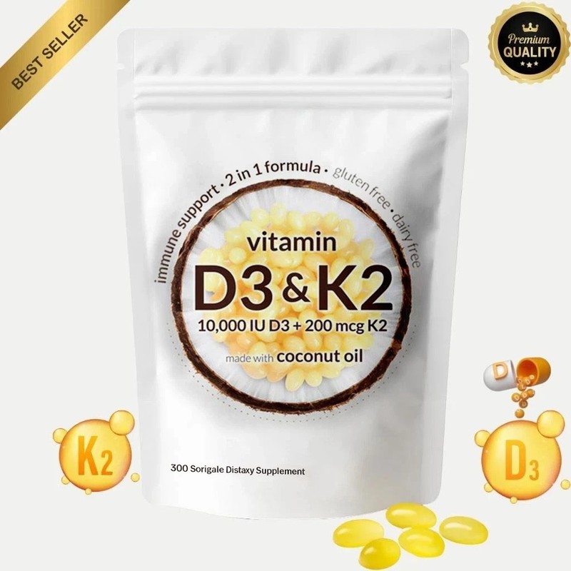 Vitamin D3 10000 iu Plus K2 (MK-7) 200 mcg, 300 Virgin Coconut Oil Softgels