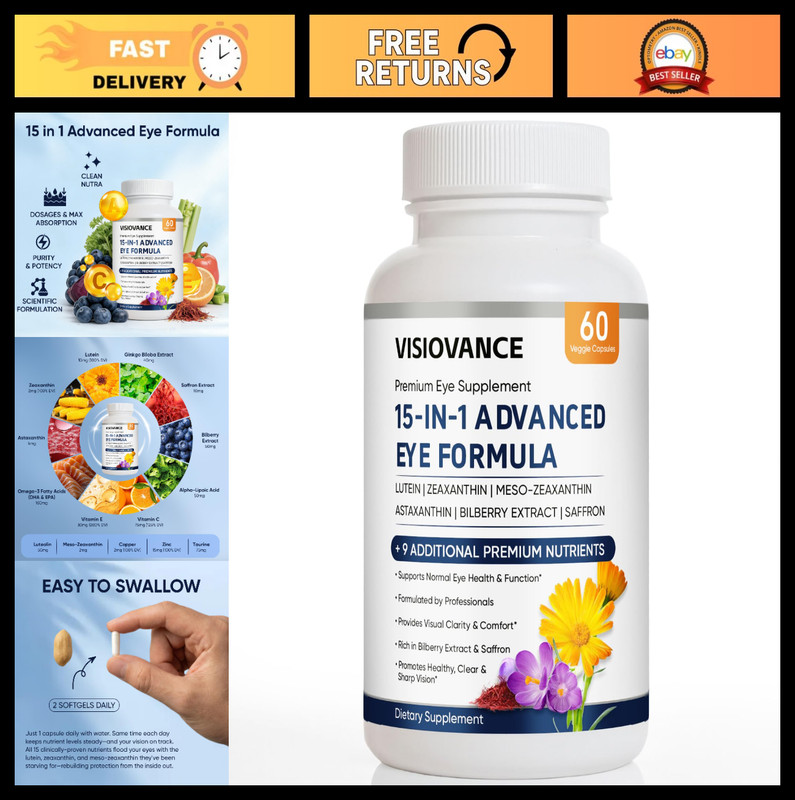15-in-1 Advanced Eye Formula – Lutein, Zeaxanthin, Bilberry & Saffron, 60ct