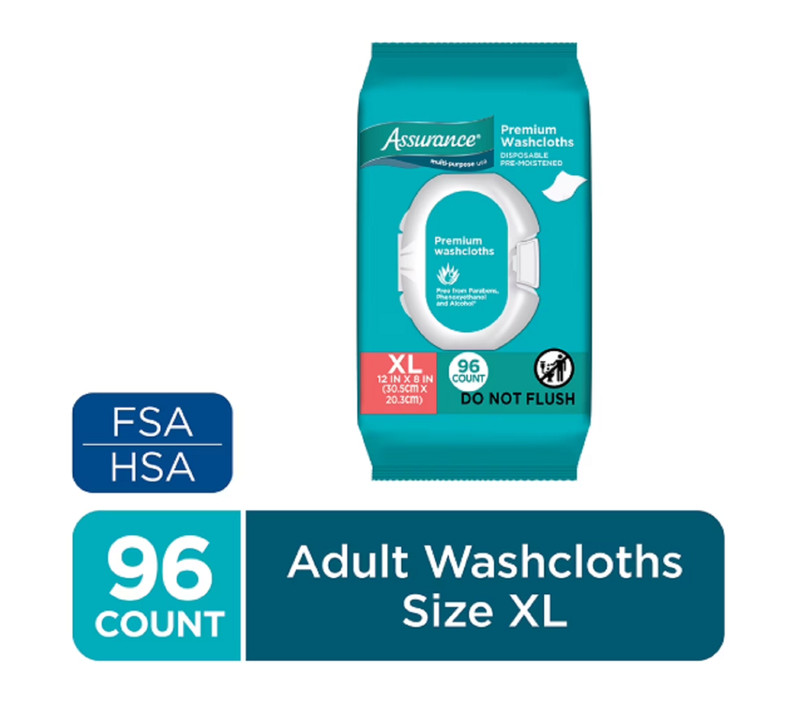 Assurance Premium XL Washcloths for Adults, Disposable & Pre-Moistened (96 Count