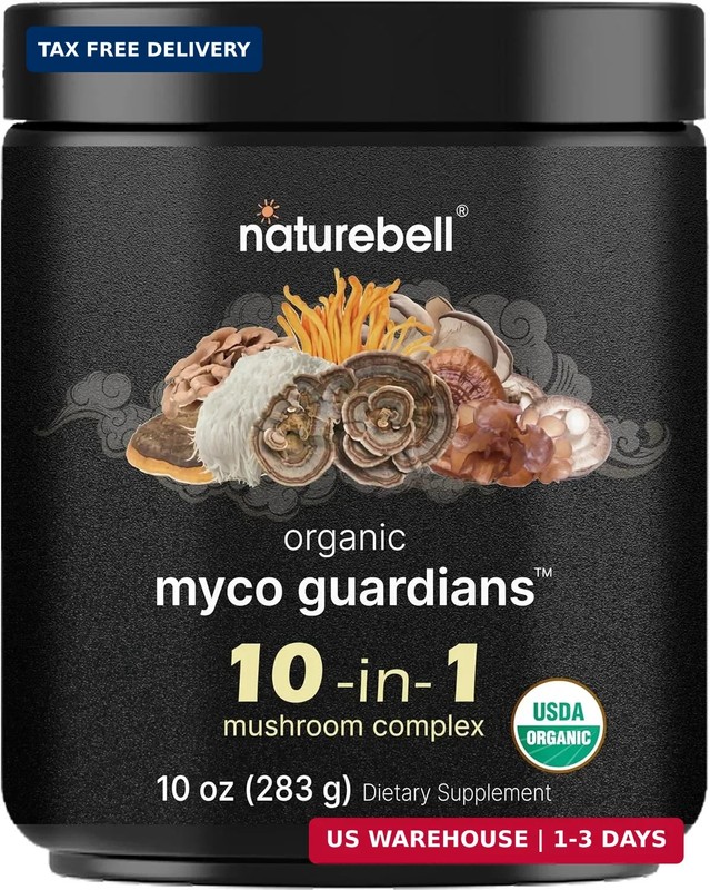 NatureBell Organic Mushroom Powder, 10oz | 10-in-1 Adaptogenic Blend with Lion’s