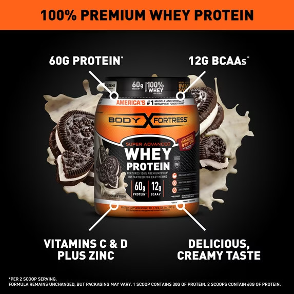 Body Fortress Whey Protein Cookies N Creme 1.78lb 60g Protein gallery