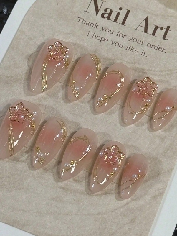 10PCS Handmade Almond Press On Nails Gold Flower Reusable Luxury Nail Art