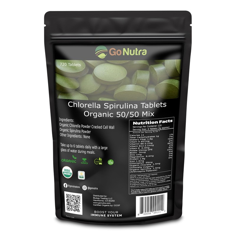 Go Nutra Organic Spirulina Chlorella Tablets 50/50 Blend | Nutrient Dense Sup…
