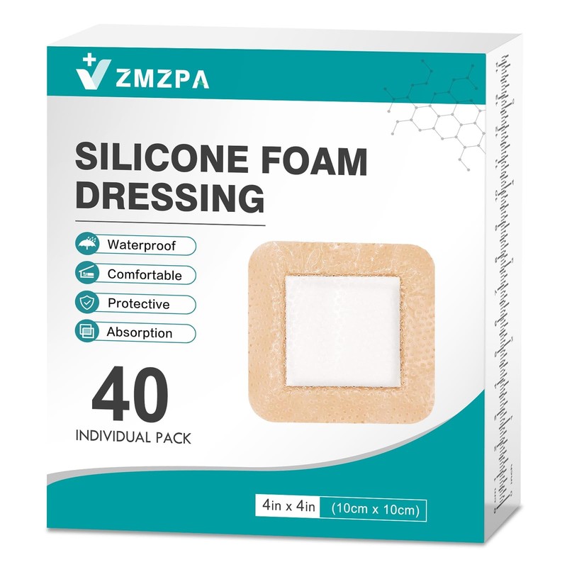 40Pcs Silicone Foam Dressing 4×4 Gentle 4”x4” (40 Packs), Complexion