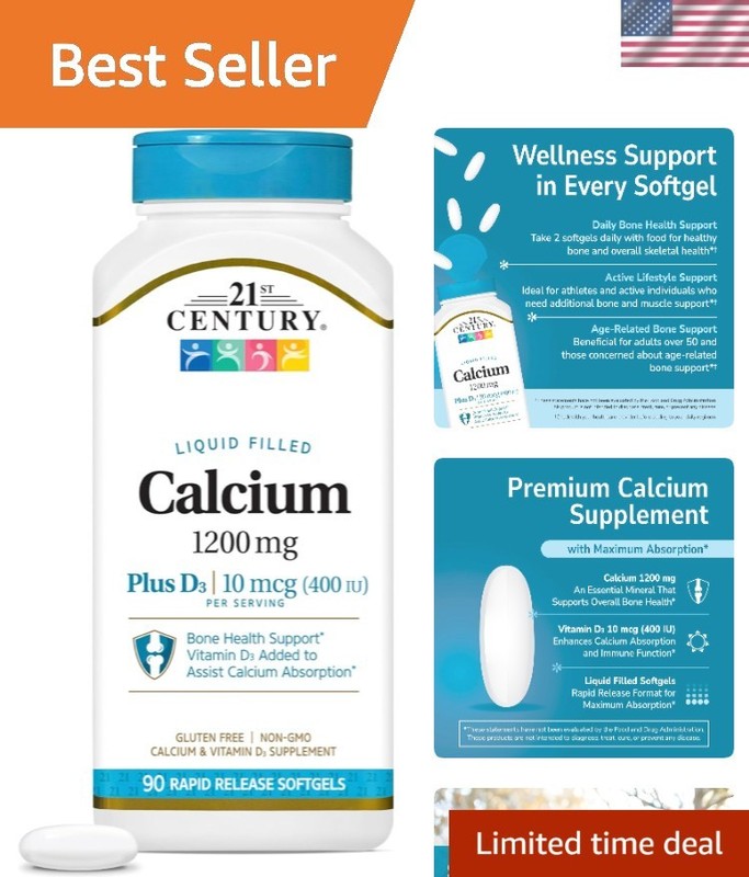 Unflavored Calcium Plus D3 Liquid Softgel, 90 Count – Readily Absorbed, 1200 mg